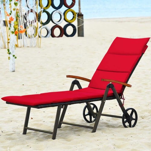 Clihome Foldable Outdoor Chaise Lounge Chair Wicker Recliner Chair with Red and - Picture 4 of 6