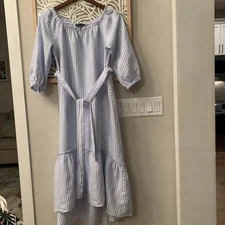  Saks Fifth Avenue Linen Dress Blue White Striped M  Loose Fit Belt 3/4 sleeves 