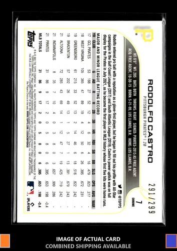 2022 Topps Chrome 7 Rodolfo Castro Purple/Yell Sonic Refractor /299 Pirates - Picture 2 of 2