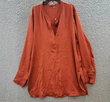 Halston Logo Cufflinks Band Collar Blouse Women's L Dark Orange Long Sleeve