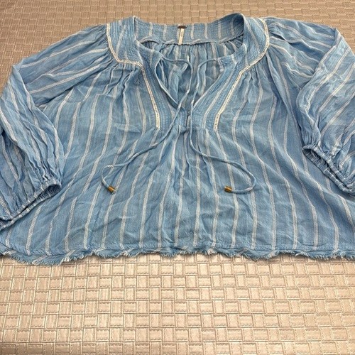 Free People Blue Striped Peasant Blouse Boho Bohemian Top Size L - Picture 2 of 10