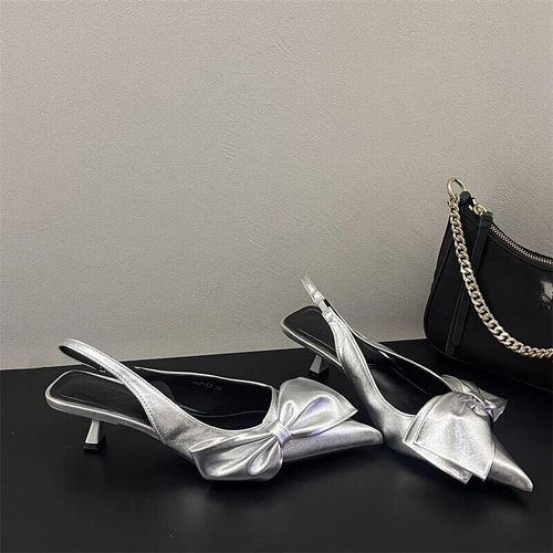 Women Pointed Toe Mid Kitten Heel Bowties Slingback Shoes Sandals Dress Pumps - Picture 2 of 15