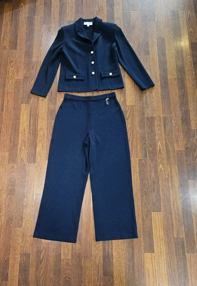 Conjunto de traje blazer y pantalón tejido de 2 piezas dorado azul marino St. John & Sport talla 10 mediano Foto 3 de 4
