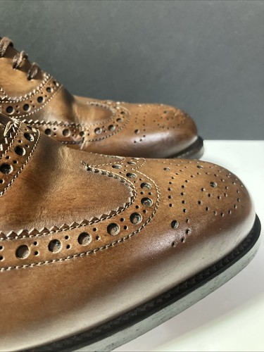 Santoni Goodyear Men’s Polished Brown Leather Oxford Wingtip Brogue Size-US 6.5 - Picture 9 of 24