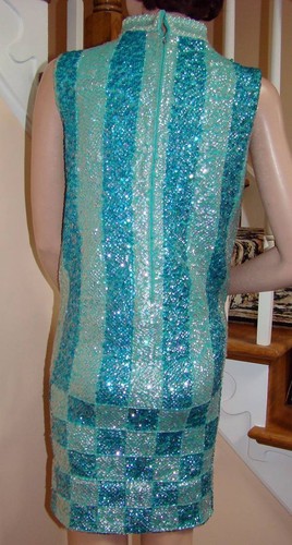 Vintage 1960's Aqua/Teal Sequin Minidress with Checkerboard pattern Size 2-4 - Picture 11 of 12