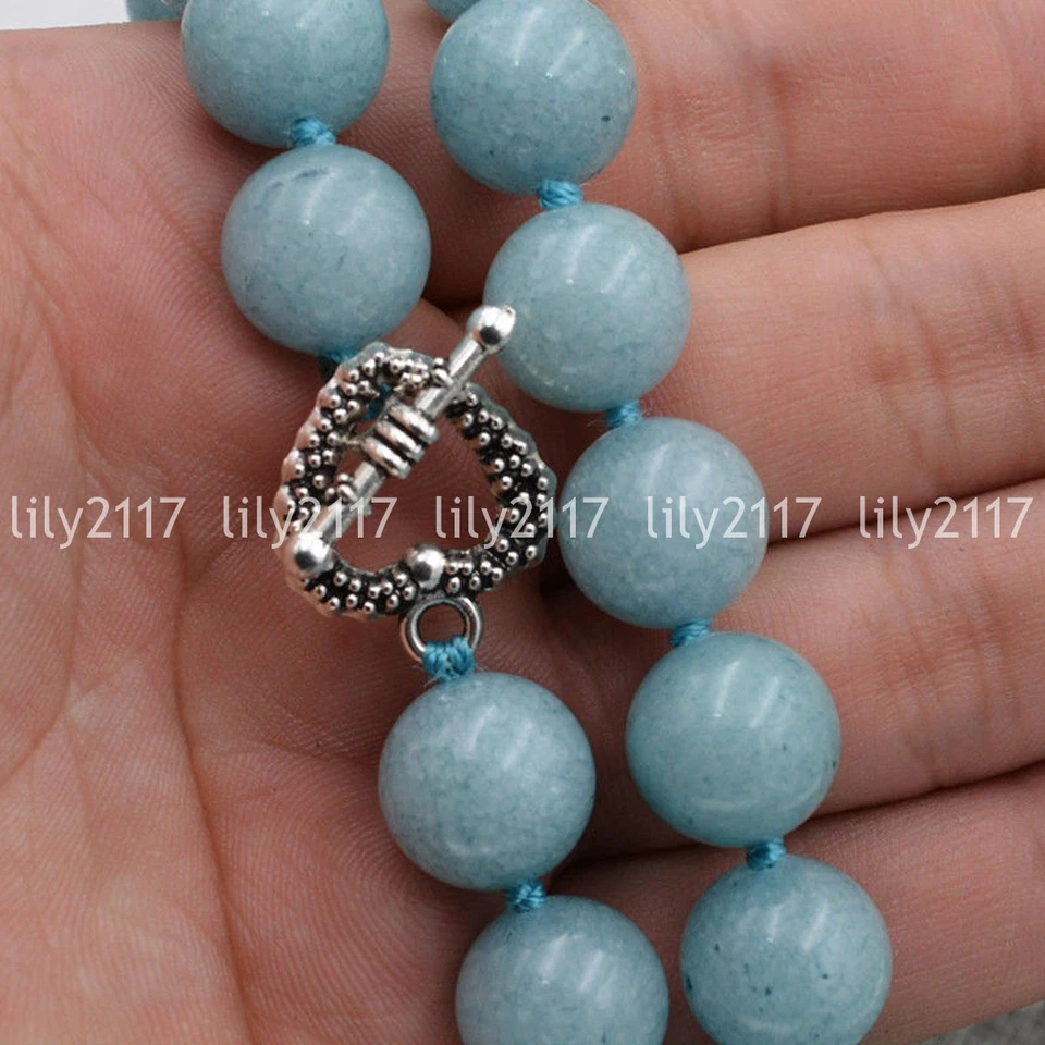 Natural 12mm Brazil Aquamarine Gemstone Necklace Tibetan silver love clasps 18'' - Image 4 of 4