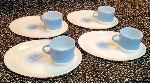 Anchor Hocking, Fire-King Glass Blue Mosaic Luncheon Plates With Cups 8 Pieces