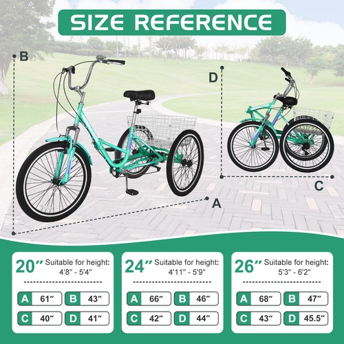 MOONCOOL Foldable Adult Tricycle 24" Adult 3-Wheel Trikes Folding Bike 7-Speed - Picture 20 of 76