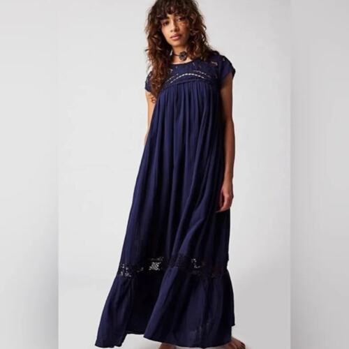 Free People Blue Short Sleeve Maxi Dress Size L New