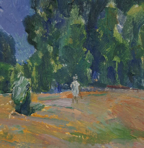 Passeggiata estiva, paesaggio cielo blu, dipinto ad olio vintage originale, artista Koshel - Foto 5 di 11