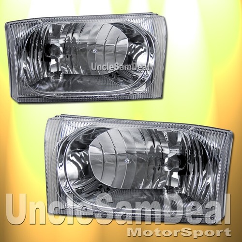 FORD F250 F350 EXCURSION EURO CLEAR LENS CHROME HEADLIGHTS + BULBS PAIR - Picture 1 of 2
