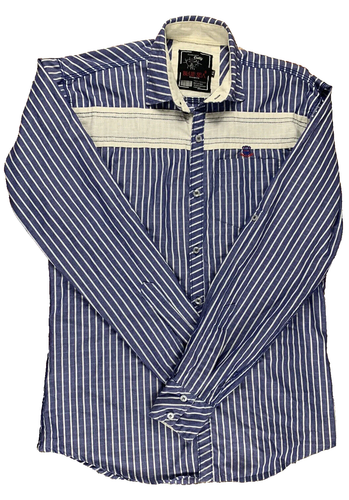 Blau Weiß Nadelstreifen Kragen Langarm Knopfleiste Herren XL Hemd Blau Meer Logo