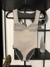 Zara Bra Detailed Grey Bodysuit Sweetheart Neckline Ribbed Size M-L
