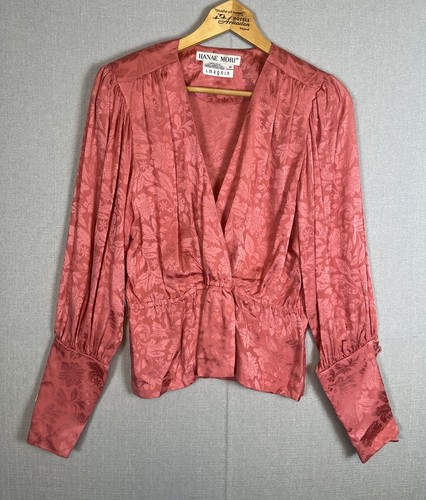 VTG Hanae Mori Pink Balloon Sleeve Silk Blouse Top Size 10 Floral Faux Wrap NEW - Picture 4 of 11