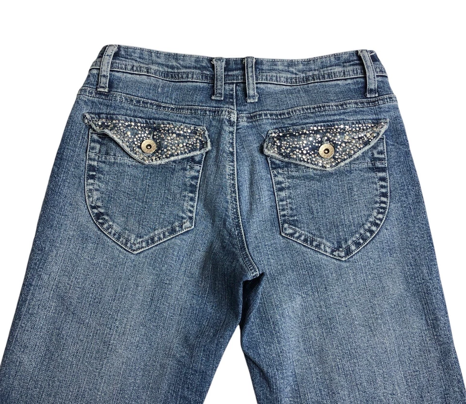 Jeans Vanilla Star para mujer 7 recortados puños abatibles tachonados bolsillos con solapa Y2K Western Foto 4 de 4