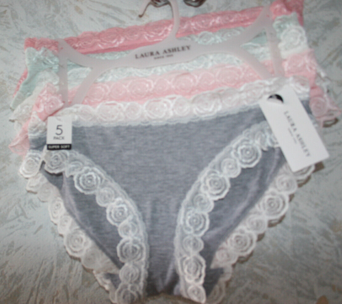 NWT LAURA ASHLEY 5 pack briefs Panties Small Gray Blush Pink White Mint Hanger