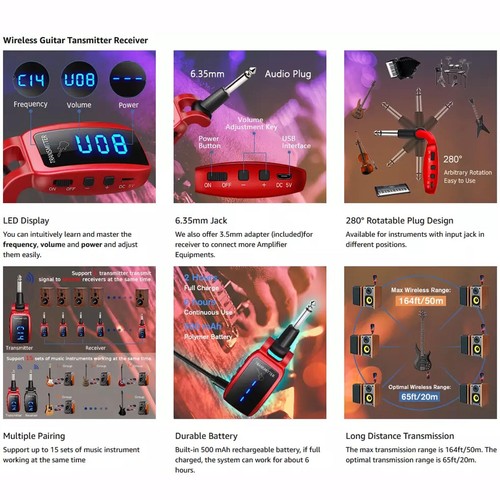 5.8GHz Wireless Guitar System Transmitter Receiver Rechargeable LED Display 30m - Bild 3 von 15