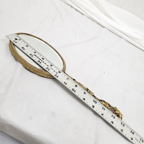 VINTAGE FANCY GOLD TONE ORMOLU BEVELED GLASS HAND MIRROR AND MATCHING BRUSH SET - Picture 17 of 17