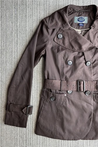 Green With Envy Womens Small Brown Peacoat Trench Coat Ruffled Collar Belted - Picture 8 of 22