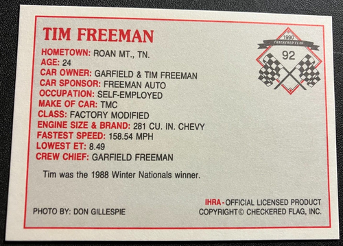 #92 Tim Freeman / Chevrolet - 1990 Checkered Flag IHRA Drag Racing Card - MINT - Picture 2 of 2