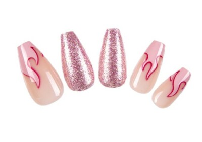 28pcs Pink Flame Fire Glitter Press On Nails with Glue US SELLER