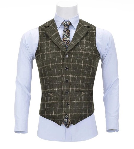 Men's Plaid Wool Vest Slim Fit Army Green Single-breasted Waistcoat for Wedding - Picture 2 of 22