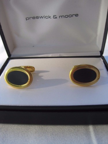 Preswick & Moore Gold-Tone and Black Enamel Oval Cufflinks, New Old Stock - Picture 7 of 8