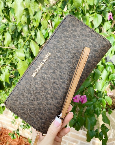 Michael Kors Jet Set Travel Continental Long Wallet Wristlet Brown Vanilla Black - Picture 13 of 45