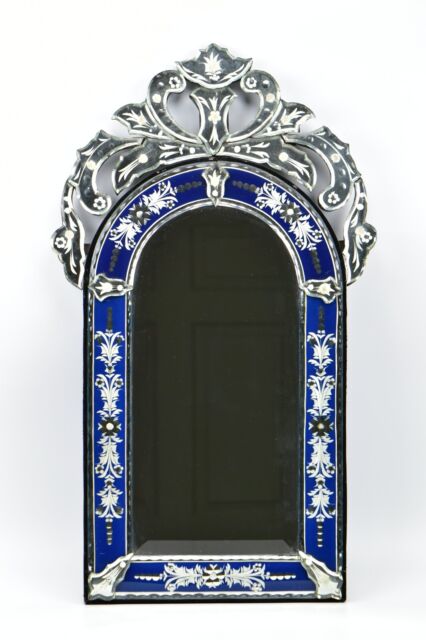 Large Vintage Venetian Blue Glass Etched Wall Mirror Large Vintage Venetian Blue Glass Etched Wall Mirror