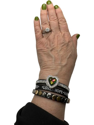 Black Leather Snap Criss Cross Bracelet & Multicolor 18mm Heart Snap Love & Hope - Picture 12 of 15