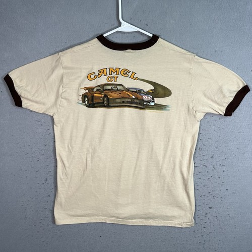 Vintage 80s Camel GT Racing Porsche 911 Nissan T Shirt Adult XL Beige Mens