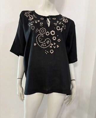 LA PERLA black floral embroidery beige blouse shirt size XL linen