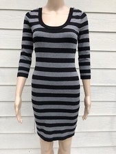Guess S Black & Gray Striped Bodycon Rayon Nylon Knit Dress, Criss Cross Back