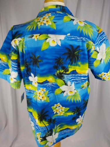 FAVANT HAWAIIAN SHIRT MEN SZ 2XL BLUE FLORAL PALM TREES BEACH PCKET COCONUT BTNS - Picture 3 of 7