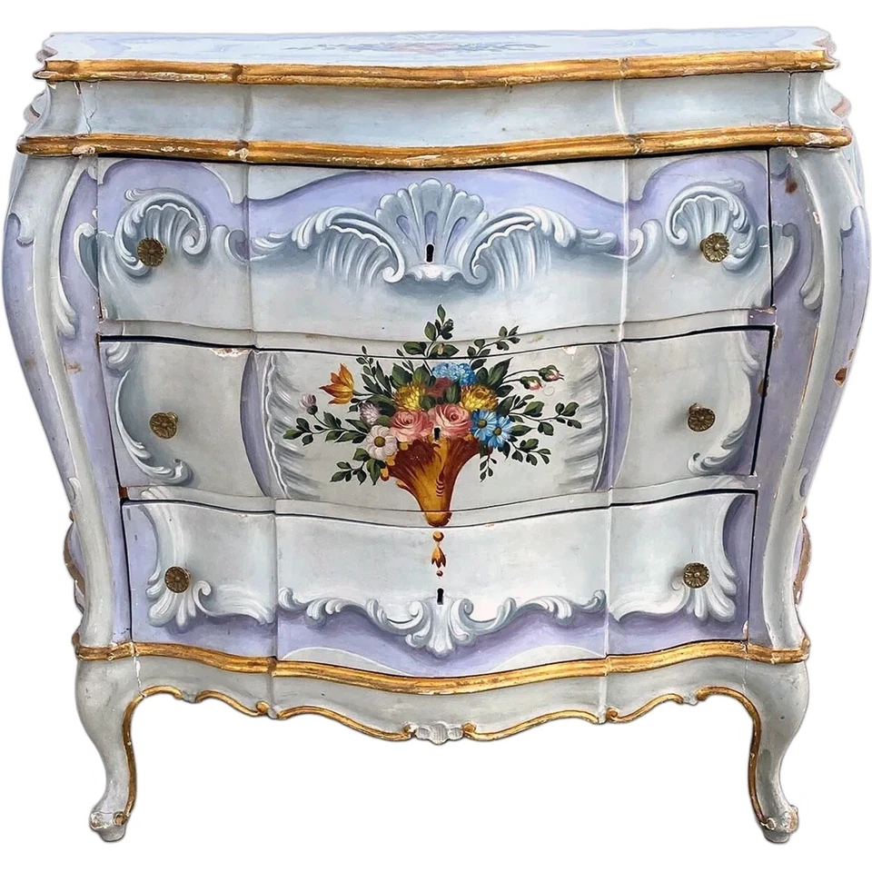 Pair Vintage Italian Venetian Gilt Painted Pine Bombe Chest of Drawers c. 1920 - Image 2 of 4