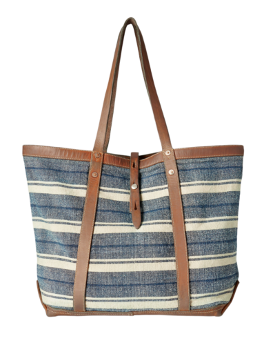 Ralph Lauren RRL Indigo Striped Cotton Canvas Leather Tote Bag New - Picture 1 of 5