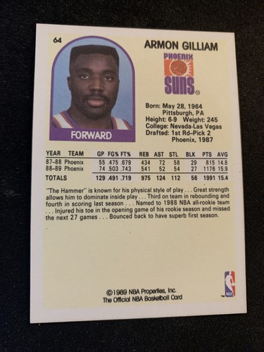 1989-90 NBA Hoops Basketball Card #64 Armon Gilliam Phoenix Suns NmMt Free Ship! - Foto 2 di 2