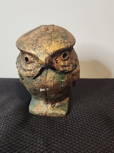 Antique Vintage Cast Iron Owl Censer Incense Burner Japan Gold Painted Patina - Picture 2 of 13