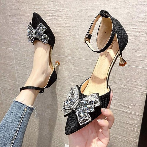 Damen-Hochzeitssandalen spitz zulaufend Knöchelriemen Strass Pfennigabsatz Schuhe - Bild 12 von 15