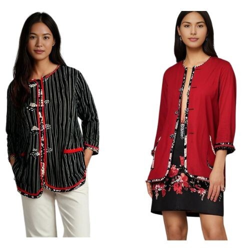 Koos Of Course Reversible Smock Jacket Tunic Women Size Med Linen Blend Red/Blue - Picture 1 of 10