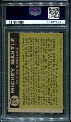 PSA 5 EX 1961 TOPPS MICKEY MANTLE #578 ALL STAR YANKEES HOF 62997 SD252 - 第 2/2 張圖片