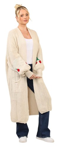 Women's Cherry Print Balloon Sleeve Ladies Knitted Long Maxi Oversized Cardigan - Picture 7 of 8