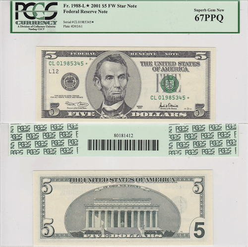 2001 $5 San Francisco District Star Federal Reserve Note FR 1988-L* PCGS 67 #345 - Picture 1 of 5