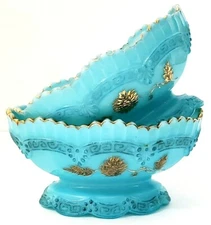 Chrysanthemum Sprig Berry Northwood EAPG Bowls Set of 2 Blue Custard With Gold