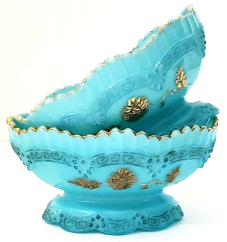 Northwood Chrysantheme EAPG Sprig Berry Schalen 2er Set blauer Pudding mit Gold