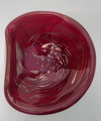Vtg Fratelli Toso Blood Red Sommerso Murano Glass Bowl w/Aventurine Swirl Folded - Picture 8 of 12