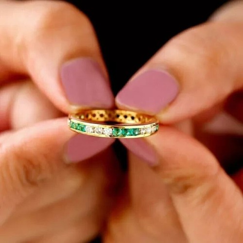 1.00Ct Round Lab Created Green Emerald Eternity Band Ring 14K Yellow Gold Plated - Bild 5 von 11