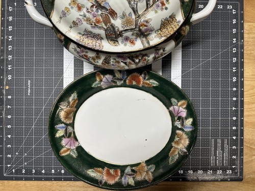 Vintage Asian Chinese Satsuma Hand Painted Tureen Soup Serving Plate Bowl Cover - Imagen 18 de 21