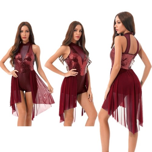 DE Damen Tanzkleid Pailletten Ballettkleid Ärmellos Gymnastik Latein Kleid - Bild 2 von 62