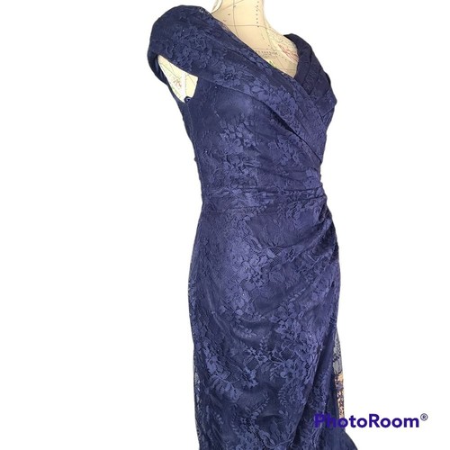 NEU La Femme Größe 8 Marine Spitze Pailletten Schulterfrei Flügelärmel Abendkleid - Bild 7 von 11